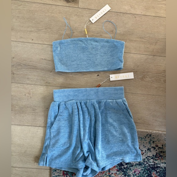 MESHKI Marina Terry Towelling Thin Strap Crop Tank & Shorts in Blue - Picture 2 of 4
